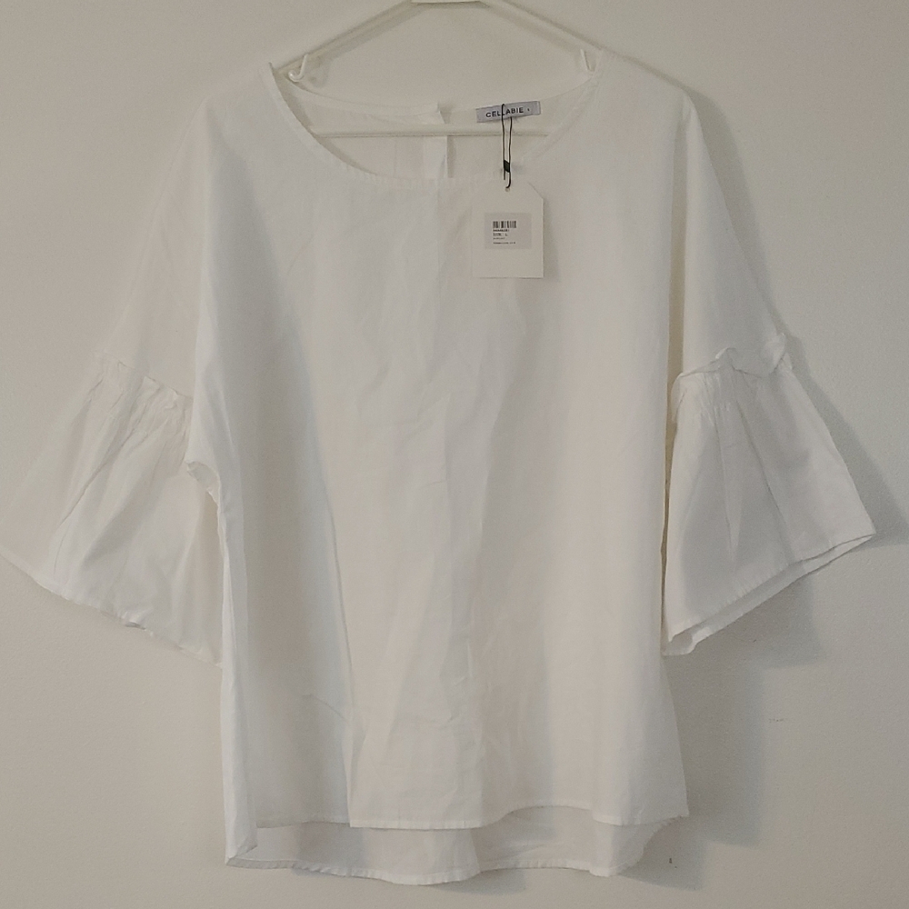 NWT Cellabie White Cotton Bellsleeve Blouse Top Size Lg Boho Cottagecore Basic